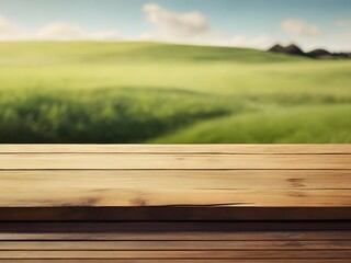 Empty of wooden desk space platform. stone podium blur background.
