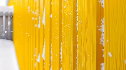 close-up of vinyl siding in a bright canary yellow, with a winter scene showing its vibrant color against the stark white snow