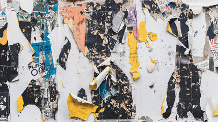 A weathered urban wall is covered with torn, overlapping posters and flyers, showing various sections of text and graphics in daylight - Generative AI