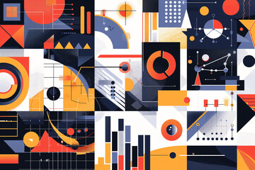 Abstract art with dynamic geometric shapes and patterns featuring circles lines and various forms in contrasting colors