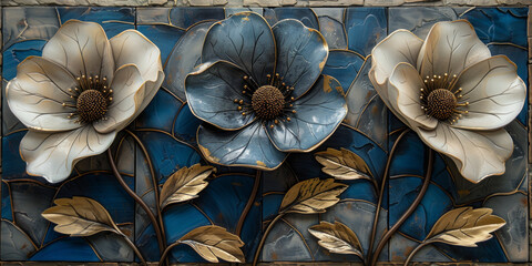 panel wall art, wall decoration, marble background with flowers designs