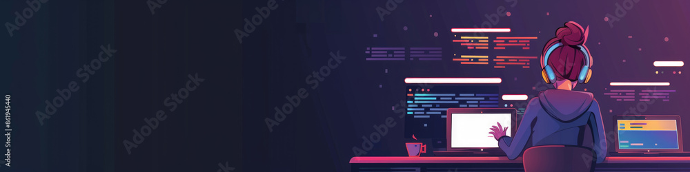 Aufkleber a woman sits at her desk late at night, working on code, with multiple computer screens displaying l