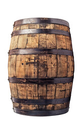 Obraz premium Wooden barrel on white background. Front view of a classic wooden barrel, isolated on a white background. Perfect for projects related to aging, storage, or traditional craftsmanship.
