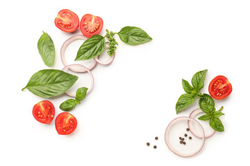 Fresh basil, cherry tomatoes and peppercorn on white background