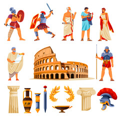 Plakat Ancient rome empire. Roman civilization people, greek culture religion elements caesar wreath amphora coliseum gladiator citizen history characters set, recent illustration