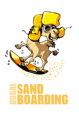 Funny smiling camel in yellow hat surfing over sand