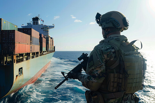 Armed soldier in tactical gear patrolling near a cargo ship on the sea ensuring security and protection