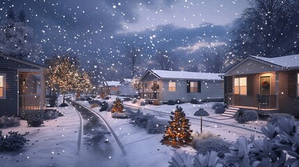 conceptual rendering of a mobile home park where each unit features lightweight, energy-efficient vinyl siding, shown during a serene snowfall