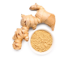 Fresh ginger root and bowl with dried powder on white background