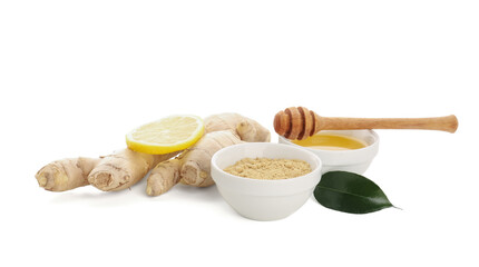 Fresh ginger root and bowl with dried powder on white background