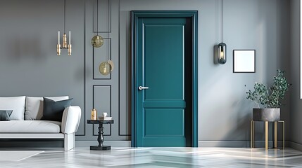 deep teal door with a glossy finish, framed by light grey walls and accented by modern, minimalistic decor