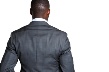 Businessman from the back. Rear view of a businessman in suit standing isolated on white background