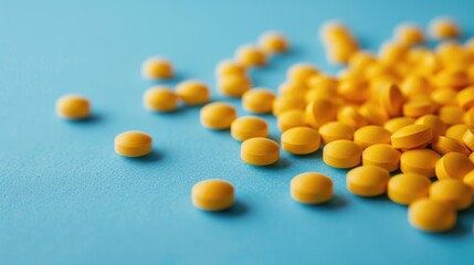 Yellow pills for treating diseases and killing microbes on blue background