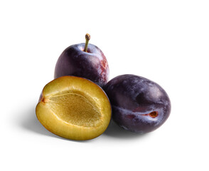 Ripe plums on white background
