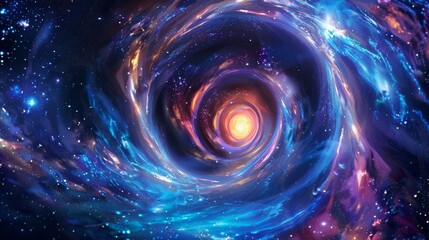 Colorful swirling galaxy with bright center, cosmic energy vortex, abstract space background