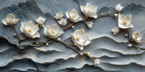 Fototapeta premium panel wall art, wall decoration, marble background with flowers designs