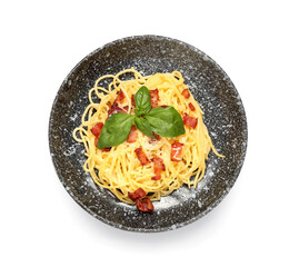 Bowl with tasty pasta carbonara on white background