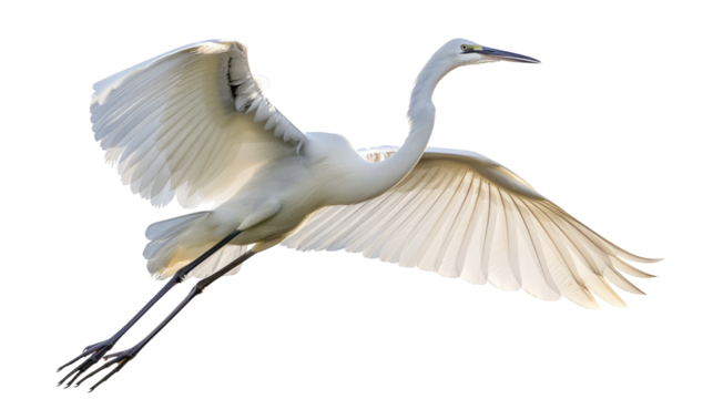 Great egret in flight on white background. Majestic great egret with wings spread, isolated on white. Perfect for nature and wildlife projects.