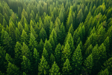 Obraz premium Aerial view of a taiga biome landscape of a huge green forest, presented as a breathtaking wallpaper, offering generous copy-space for text
