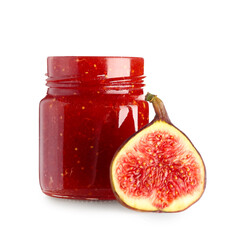 Jar of sweet fig jam on white background