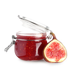 Jar of sweet fig jam on white background