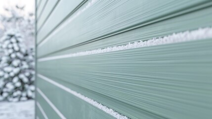 detailed view of vinyl siding in a muted sage green, with a snowy background emphasizing its seamless appearance and weather resistance