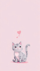 Obraz premium Digital painting style illustration of a cute gray cat with a heart shape in abstract pink background