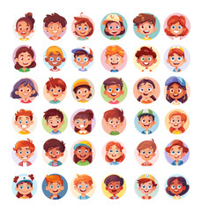 Children avatars cartoon vector set. Circles boys girls heads positive happy faces smile cute characters illustration isolated on white background
