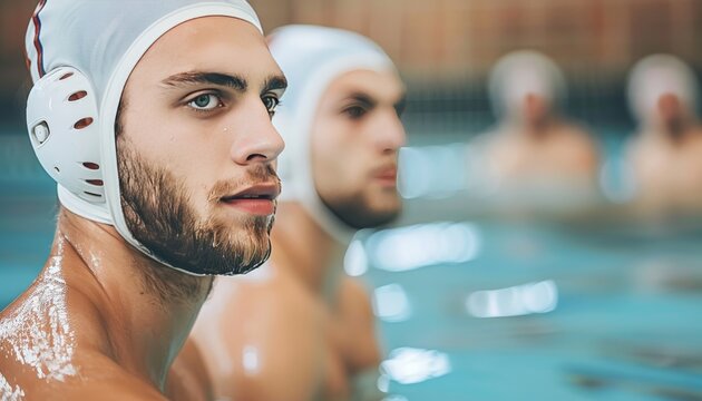 Close up image of a water polo team engaged in strategic discussion beside the pool