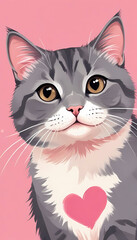 Obraz premium Digital painting style illustration of a cute gray cat with a heart shape in abstract pink background
