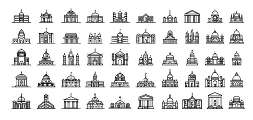 City buildings linear icons vector set. State houses large religious public institutions monuments residential architecture badges isolated on white background
