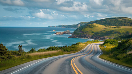 A scenic drive along a coastal highway, summer, coastal drive, hd, picturesque with copy space