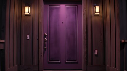 door in rich plum with a velvety finish, framed by dark wood and lit by soft, ambient lighting, creating a cozy and inviting entryway