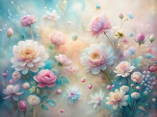 A dreamy illustration of a pastel flower field with soft hues of pink, blue, and peach. Ideal for greeting cards, wall art, or digital backgrounds.
