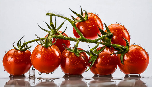 A bunch of fresh and charry juicy tomatoes with water splash on white background.
