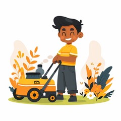 Obraz premium An illustration of a cheerful young boy pushing a lawn mower in a lush green garden filled with various flowers and bushes, creating a vibrant and picturesque scene
