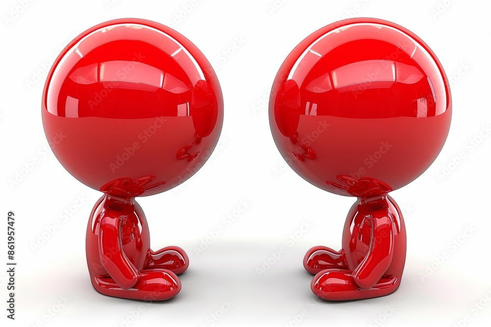 Poster two vivid red 3d characters interact on a white backdrop. minimalist design without facial features.