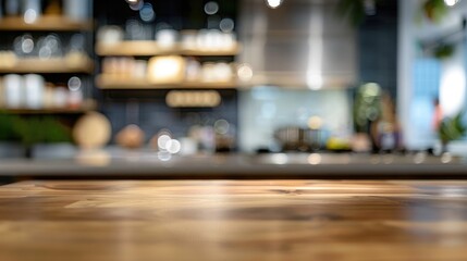 Blurred modern interior enhances product display on kitchen table top