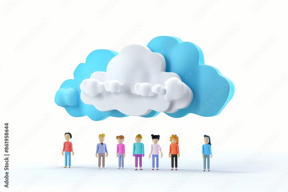 Poster diverse group of people standing in front of a large cloud icon, representing cloud computing and di