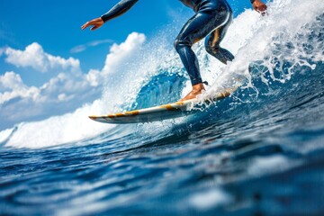 Detailed close up of surfer in wetsuit catching waves in the vast expanse of the ocean