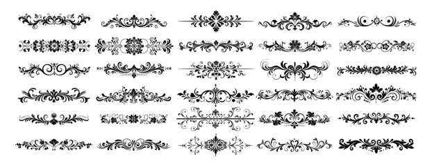 Fototapeta premium Decorative line dividers black vector set. Stems flowers buds lines lace monograms curlicues classic book borders vintage decoration isolated on white background