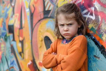 A child with crossed arms and a scowl, standing against a colorful graffiti wall. 