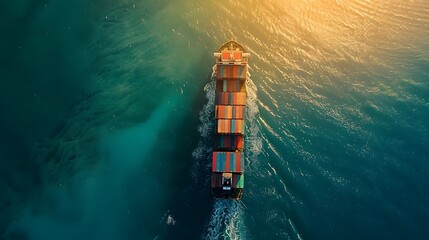 Aerial top view full speed container ship in the deep blue sea for cargo logistics import and export transportation international asia pacific