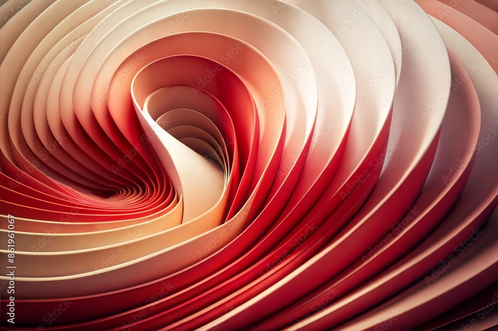 Poster an abstract image featuring intricate paper swirls in shades of red and white, creating a dynamic an