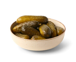 Bowl with delicious fermented cucumbers on white background