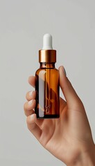 Naklejka premium Woman s hand holding high quality amber glass dropper bottle for skincare and essential oils