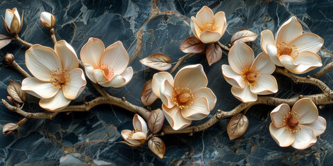 panel wall art, wall decoration, marble background with flowers designs
