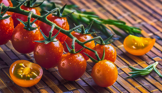 A bunch of fresh and charry juicy tomatoes with water splash on color background.