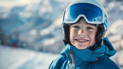 boy in a ski suit smiling at the camera on a snowy mountain