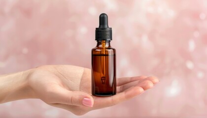 Woman s hand holding high quality amber glass dropper bottle for skincare and essential oils
